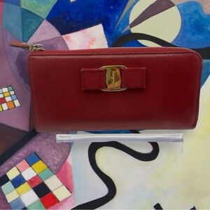 Salvatore Ferragamo Red Leather Vara Zippered Wallet